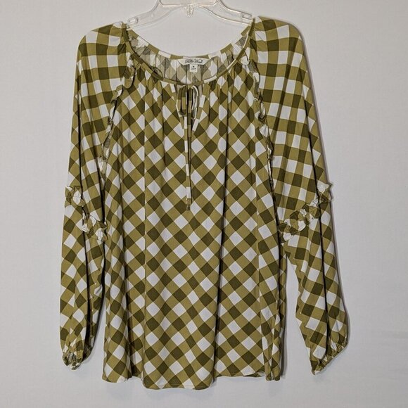 THE PIONEER WOMAN Olive Green Plaid Long Sleeve Boho Peasant Top; Size M - Picture 1 of 5